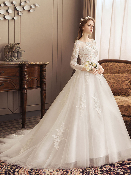 Milanoo Ivory Wedding Dresses Lace Applique Jewel Neck 3/4 Length Sleeve Princess Bridal Gown With T