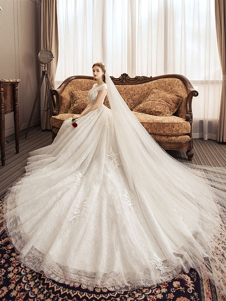 Milanoo Lace Wedding Dresses Princess Bridal Gown Ivory Jewel Neck Short Sleeve Bridal Dress With Tr