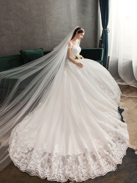 Milanoo Lace Wedding Dresses Ivory Lace Applique Off The Shoulder Short Sleeve Princess Bridal Gown
