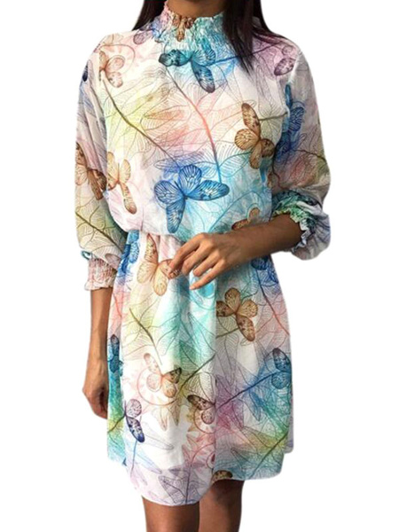 Image of Women Midi Dresses Butterfly Print Sleeved Casual Dress