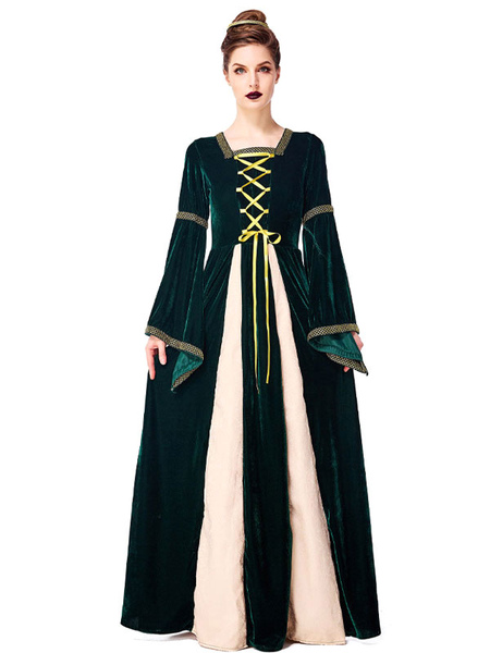 Milanoo Victorian Dress Costume Dark Green Retro Costumes Women\'s Printed Crochet Lace Up Trumpet L