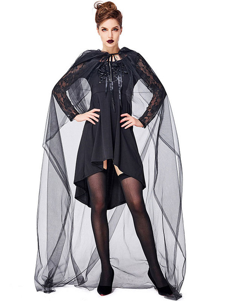 Milanoo Halloween Costumes Women\'s Witch Cloak Black Dress Tulle Lace Halloween Holidays Costumes