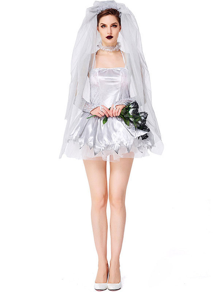 Milanoo Halloween Costumes Women\'s Corpse Bride Gloves Silver Dress Matte Satin Metallic Halloween