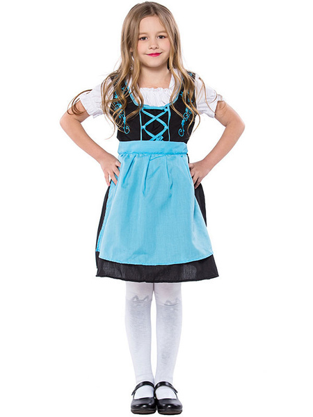 Milanoo Kids Carnival Costumes Light Sky Blue Beer Maid Girl Cotton Dress With Lower Body Apron