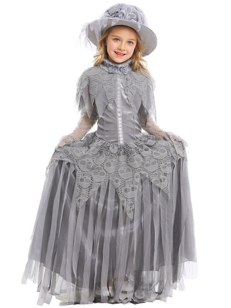 Milanoo Carnival Costumes For Kids Deep Gray Corpse Bride Tulle Kid\'s Hat Dress