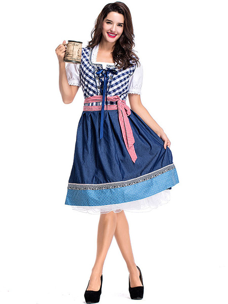 Milanoo Beer Girl Costume Blue Gingham Ribbons Dress Cotton Beer Girl Holidays Costumes Oktoberfest