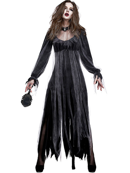 Milanoo Halloween Costumes Woman\'s Zombie Black Dress Choker Tulle Halloween Holidays Costumes