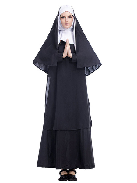 Milanoo Carnival Costumes Woman\'s Nun Two-Tone Hood Black Clothes Carnival Holidays Costumes