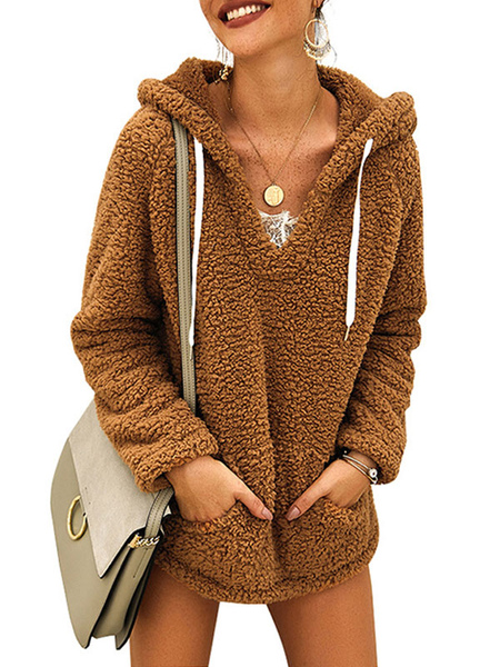 Milanoo Teddy Bear Hoodie Women Oversized Long Sleeve Pockets Faux Fur Hooded Sweatshirt