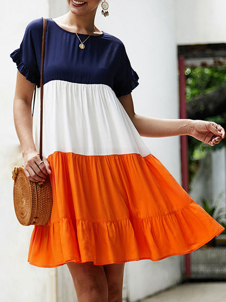 Image of Oversized Shift Dresses Color Block Jewel Neck Women Mini Dress