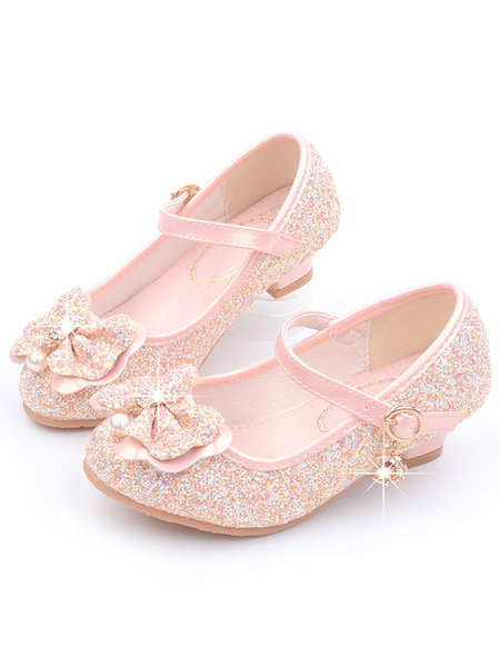 Milanoo Flower Girl Shoes Pink Sequined Cloth Bows Mary Jane Party Shoes For Kids