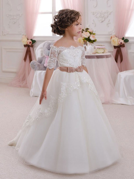 

Milanoo Flower Girl Dresses Bateau Neck Lace Half Sleeves Ankle Length Princess Silhouette Bows Kids, White