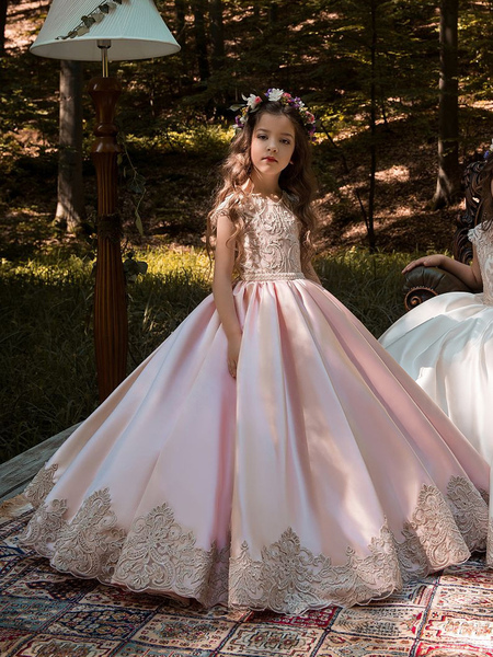 

Milanoo Flower Girl Dresses Jewel Neck Sleeveless Buttons Kids Pageant Dresses, White;soft pink