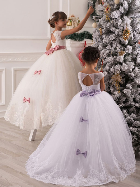 Milanoo Flower Girl Dresses Jewel Neck Tulle Sleeveless Ankle Length Princess Silhouette Bows Kids P