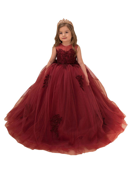Milanoo Flower Girl Dresses Jewel Neck Lace Sleeveless Ankle Length Ball Gown Applique Kids Pageant