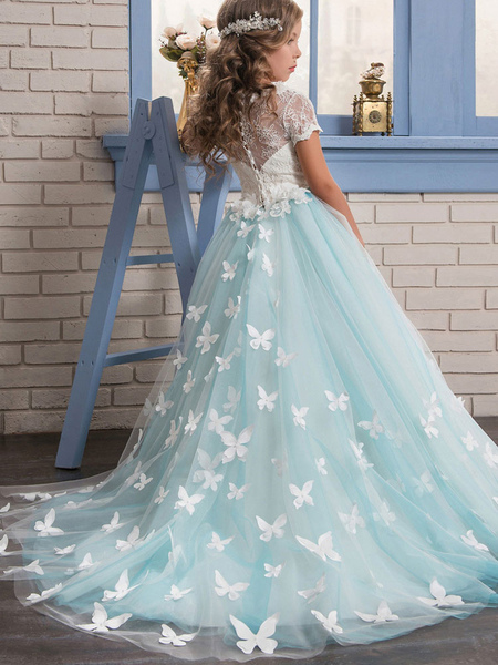 Milanoo Flower Girl Dresses Jewel Neck Lace Short Sleeves Ankle Length Ball Gown Butterfly Formal Ki
