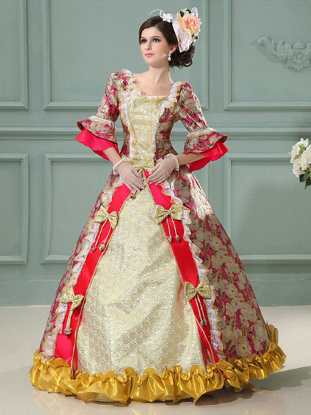 Milanoo Victorian Dress Costumes Women's Ruffle Bow Half Sleeves Square Neckline Marie Antoinette Co