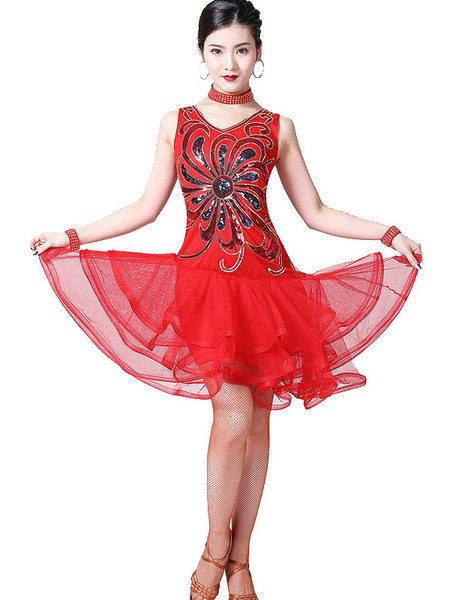 Milanoo Dance Costumes Latin Dresses Sequins Flower Tiered Tulle Dancer Dancing Wear Outfit Carnival
