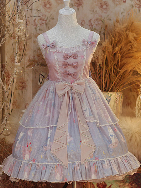 Milanoo Sweet Lolita JSK Dress Cat Mermaid Print Ruffles Bows Pink Lolita Jumper Skirts