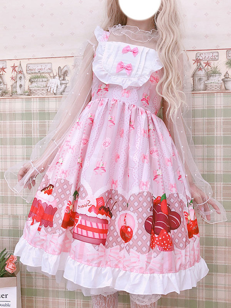 Milanoo Sweet Lolita JSK Dress Printed Ruffles And Bows Pink Red Lolita Jumper Skirts