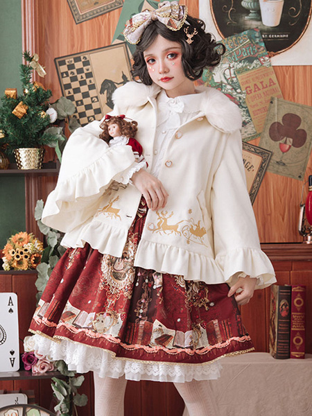Image of Sweet Lolita Coats Red Bows Ruffles Polyester Overcoat Fall Lolita Outwears