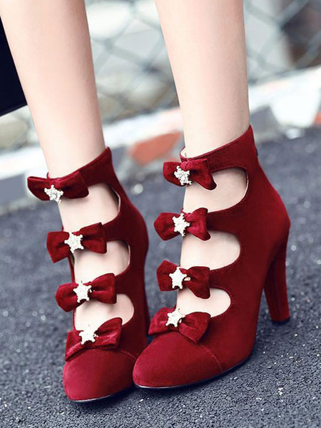 Image of Red Lolita Boots Cut Out Bows Round Toe Monogram Suede Lolita Footwear