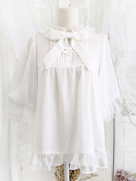 Image of Sweet Lolita Blouses Lolita White Lolita Top Half Sleeves Bows Printed Lolita Shirt