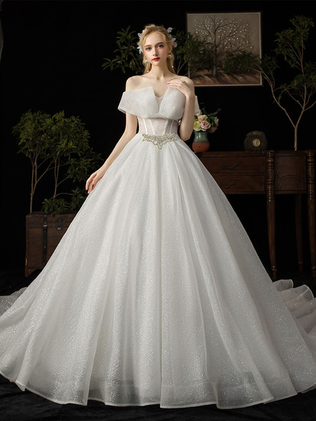 Milanoo Ball Gown Wedding Dress 2021 Princess Silhouette Cathedral Train Off The-Shoulder Short Slee