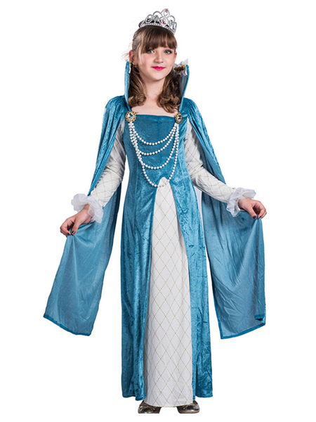 Milanoo Carnival Cosplay Costumes For Kids Princess Pearl Teal Velour Dress For Child