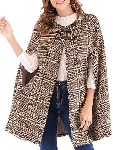Image of Women Poncho Plaid Jewel Neck Camel Poncho Layered Buttons Cape