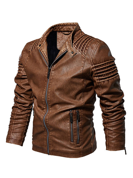 Image of Men\'s Leather Jacke Pockets Coffee Brown Stylish Jacket