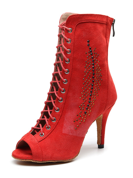 Milanoo Women\'s Customized Latin Dance Shoes Red Peep Toe Lace Up Ballroom Dance Boots