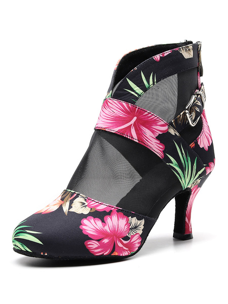 Milanoo Latin Dance Shoes Black Round Toe Floral Printed Ballroom Dance Boots