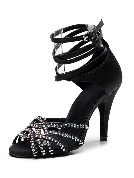 Milanoo Women\'s Customized Latin Dance Shoes Black Open Toe Rhinestones Ballroom Dance Shoes