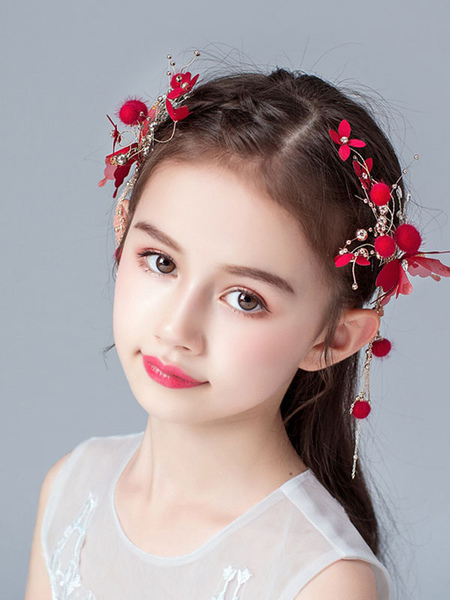 Milanoo Flower Girl Headpieces Red Pearls Accessory Metal Kids Hair Accessories