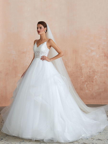 Milanoo Ball Gown Wedding Dress 2021 Princess Straps Neck Sleeveless Natural Waist Studded Tulle Bri