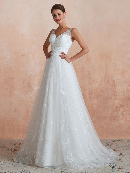 Milanoo Wedding Dress 2021 A Line V Neck Sleeveless Floor Length Bridal Gowns With Train