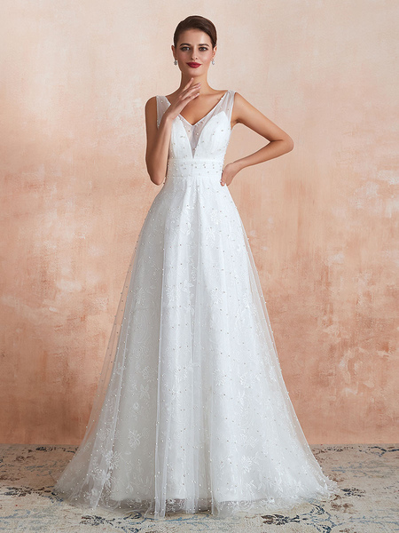 Milanoo Hochzeitskleid 2021 V-Ausschnitt Eine Linie Ärmellose Peals Perlen Brautkleider Mit Zug
