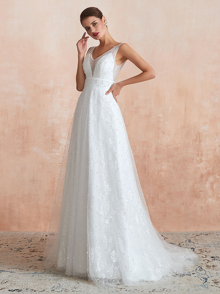Milanoo Hochzeitskleid 2021 V-Ausschnitt Eine Linie Ärmellose Peals Perlen Brautkleider Mit Zug
