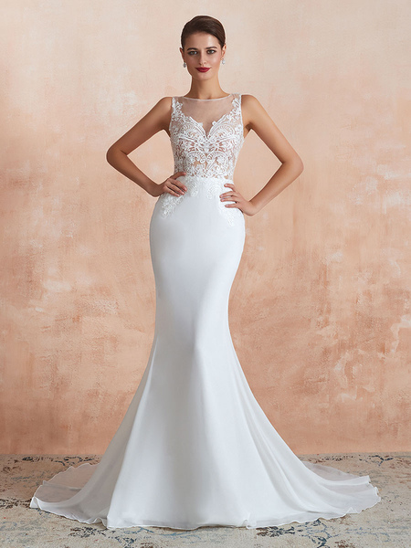Milanoo Wedding Dress 2021 Mermaid Sleeveless Lace Appliqued Beach Bridal Gowns With Train