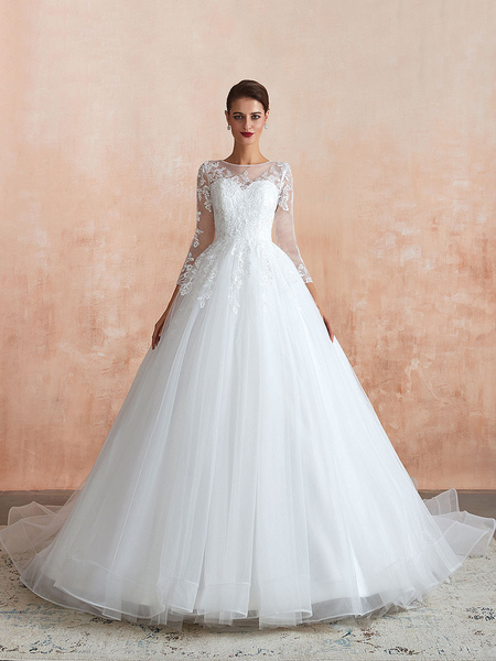 Milanoo Wedding Gown 2021 3/4 Sleeve Jewel Neck Lace Appliqued Beaded Ball Gown Bridal Wedding Dress