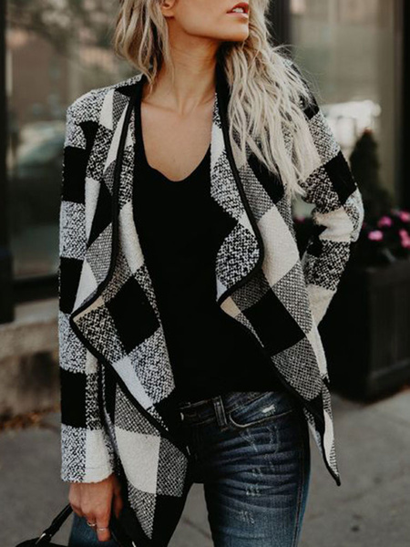 Image of Women Casual Autumn Overcoat High Street Loose Thin Plaid Western Style Girls Fashion Office Lady Black Women Overcoats
