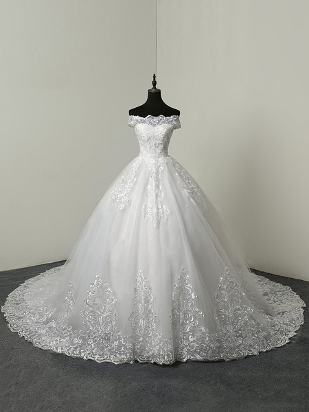 Milanoo wedding dresses 2021 ball gown off the shoulder short sleeve natural waist lace applique tul