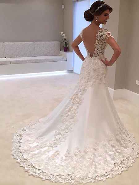 Milanoo wedding dresses 2021 v neck short sleeve sheath deep v backless lace beaded bridal gowns wit