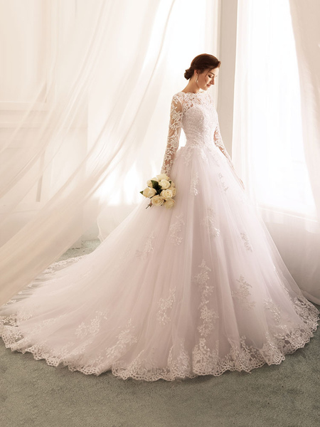 Milanoo wedding dresses 2021 princess silhouette bateau neck long sleeve natural waist lace tulle br