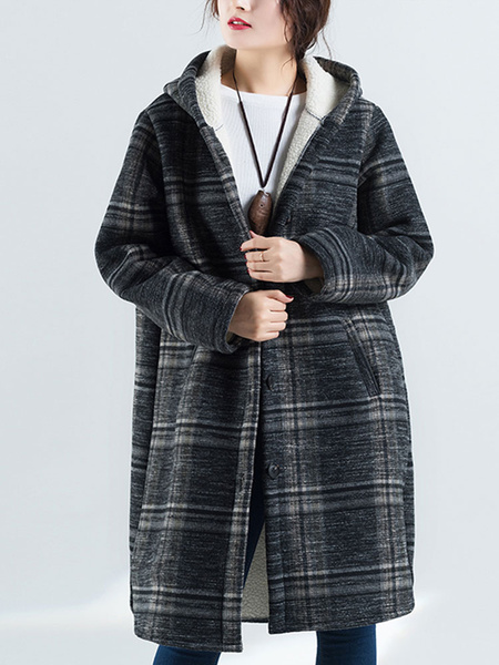 Image of Oversized Winter Coat Hooded Plaid Fleece Lined Long Sleeves Coat