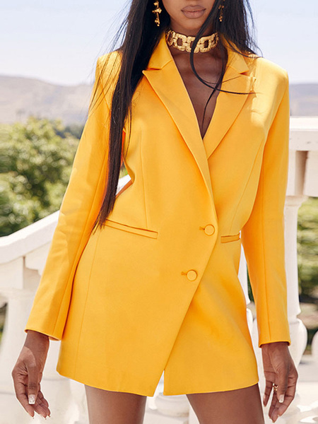 Image of Yellow Blazer Jacket Longline Turndown Collar Long Sleeves Suit