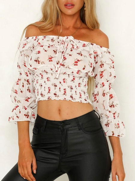 Image of Women Crop Top White Layered Off The Shoulder Casual Floral Print Ruffles Chiffon Tops
