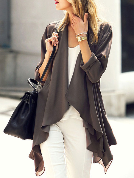 Image of Women Jackets Cowl Neck Asymmetrical Casual Pleated Street Wear Camel Jacket For Women