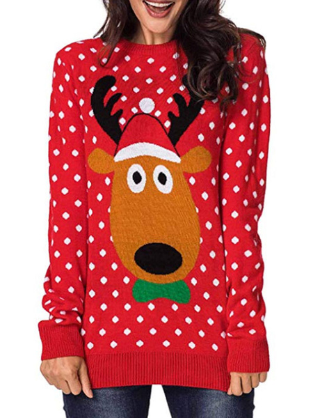 Image of Women Pullover Sweater Casual Crewneck Long Sleeves Christmas Pattern Layered